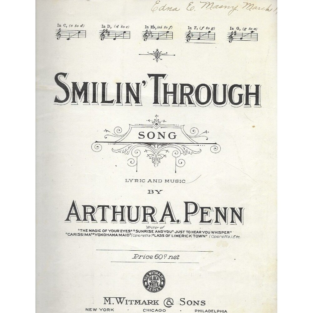 Smilin’ Through Sheet Music 1918 Arthur A. Penn Witmark Vintage Piano Song